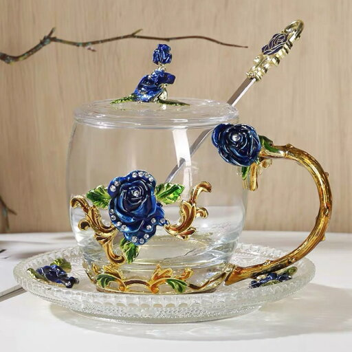 a064021ブルーバラ花柄 ガラス製 .ティーカップ 4点セットコーヒーカップ a064021ブルーバラ花柄 ガラス製 .ティーカップ 4点セットコーヒーカップ