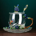 a064026青バラ花柄 ガラス製 .ティーカップ 4点セットコーヒーカップ