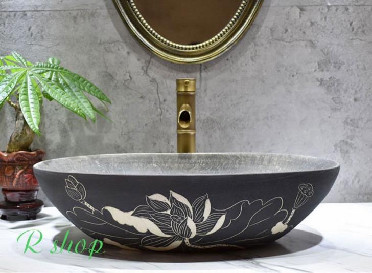 A011486高級洗面台 洗面ボウルセット 洗面ボール 陶器 手水鉢 ．手洗器 手洗い鉢 洗面器 蛇口 排水金具付き