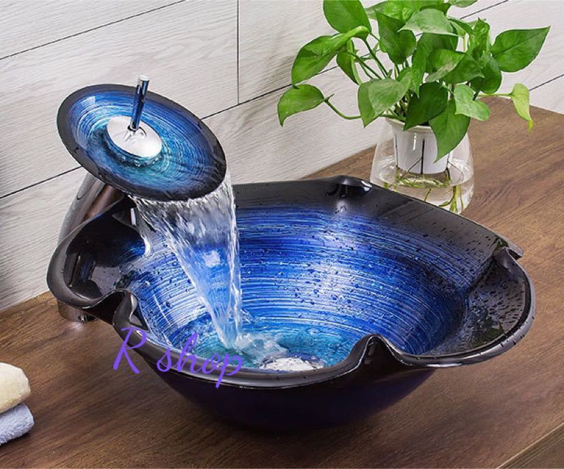 A023664高級置き型洗面ボウルセット． 手洗い器 デザイン 鋼化ガラス 手洗い鉢 洗面台 蛇口 排水ホース付き