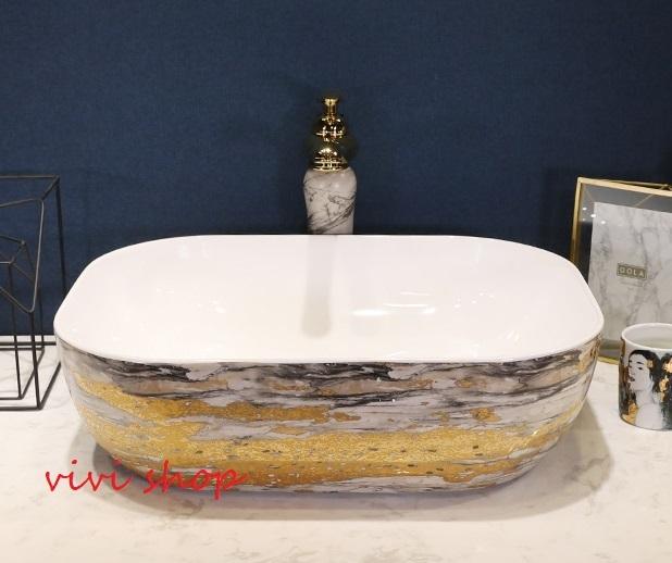 A0408080121F159-2豪華洗面ボウルセット陶器洗面台 トイレ 手水鉢 手洗器 手洗い鉢 洗面器　蛇口 排水金具付き