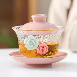蓋碗　茶杯セット 耐熱ガラス製の中国茶器 1客　バラ薔薇