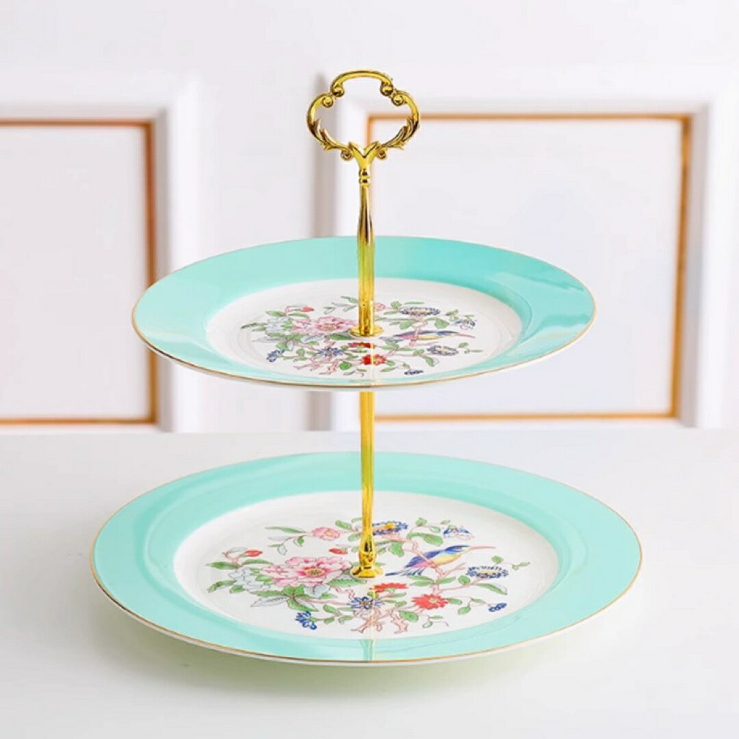 A066125花柄 2段ケーキスタンド ティファニーブルー×ゴールド アフタヌーンティー 食器