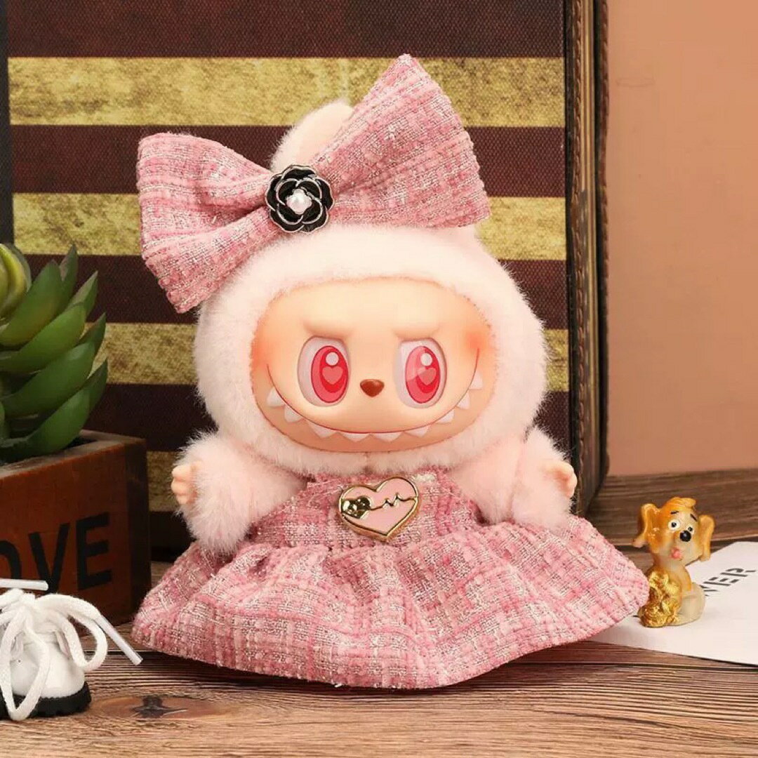 A066142LABUBUラブブピンクドレス 大リボン付きお嬢様コーデぬいぐるみ服セット