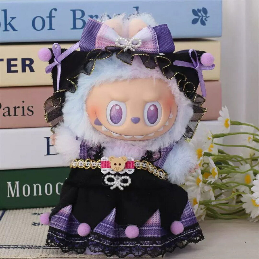 A066146LABUBUラブブ紫ロリータ風コーデ リボン帽子 ワンピースぬいぐるみ服セット