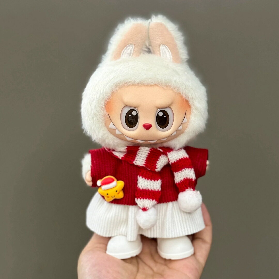 A066150LABUBU ラブブ用 冬着せ替え衣装セット ふわもこフード 赤ボーダーマフラー