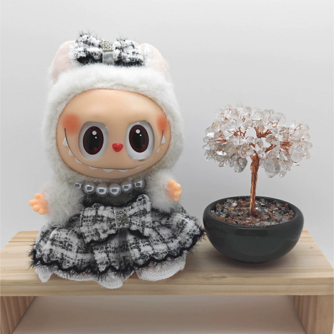 A066162ラブブ服 ぬいぐるみ用 ツイードドレス モノトーンリボン パール付きおしゃれ衣装