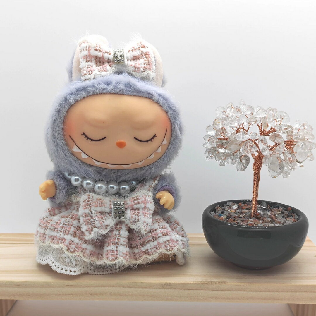 A066163Labubu ラブブぬいぐるみ服 ツイードワンピース ピンクレース リボン付き