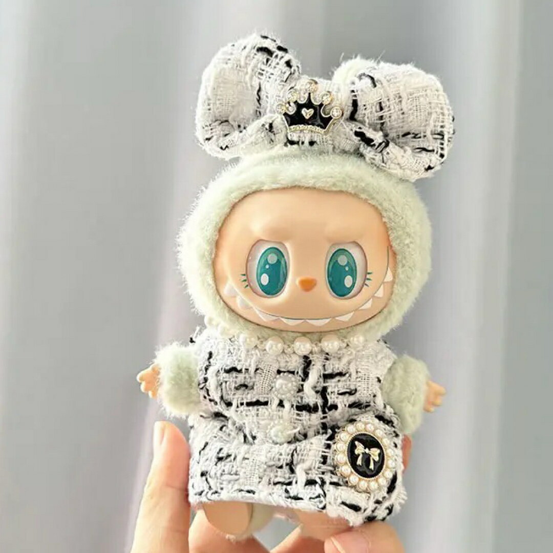 A066164Labubu ラブブ ぬいぐるみ服 ツイードワンピース 白黒チェック可愛い