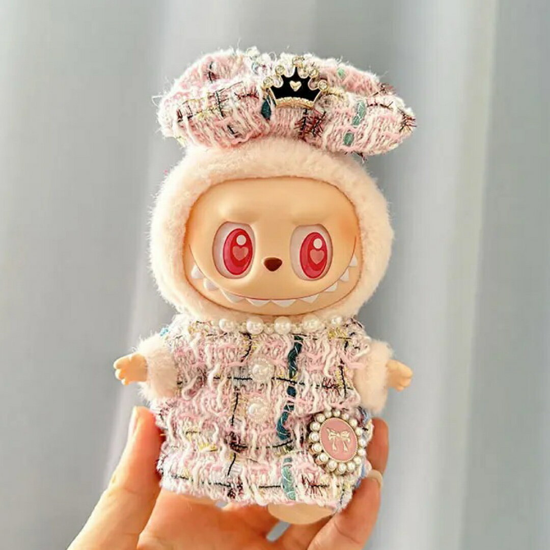 A066165ラブブ服 ぬいぐるみ用 ピンクツイードドレス パール飾り付き 王冠リボン衣装