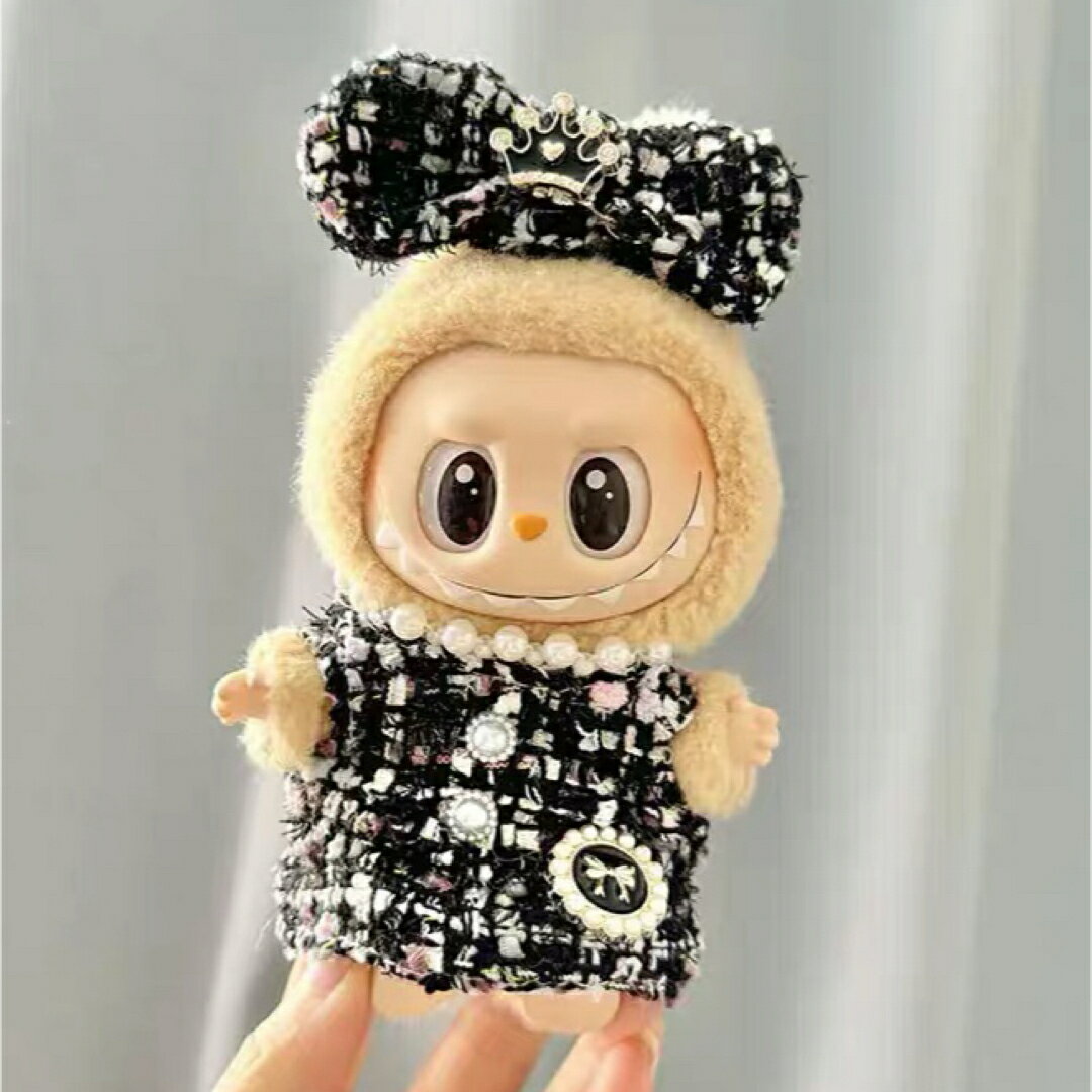 A066166ラブブ服 ぬいぐるみ用 ツイードドレス パール飾り付き 王冠リボン おしゃれ衣装