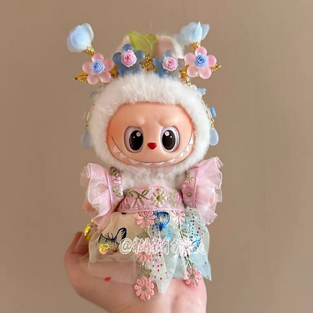 A066174Labubu ラブブぬいぐるみ服ドレス 花刺繍 チュールレース 花冠付き お姫様