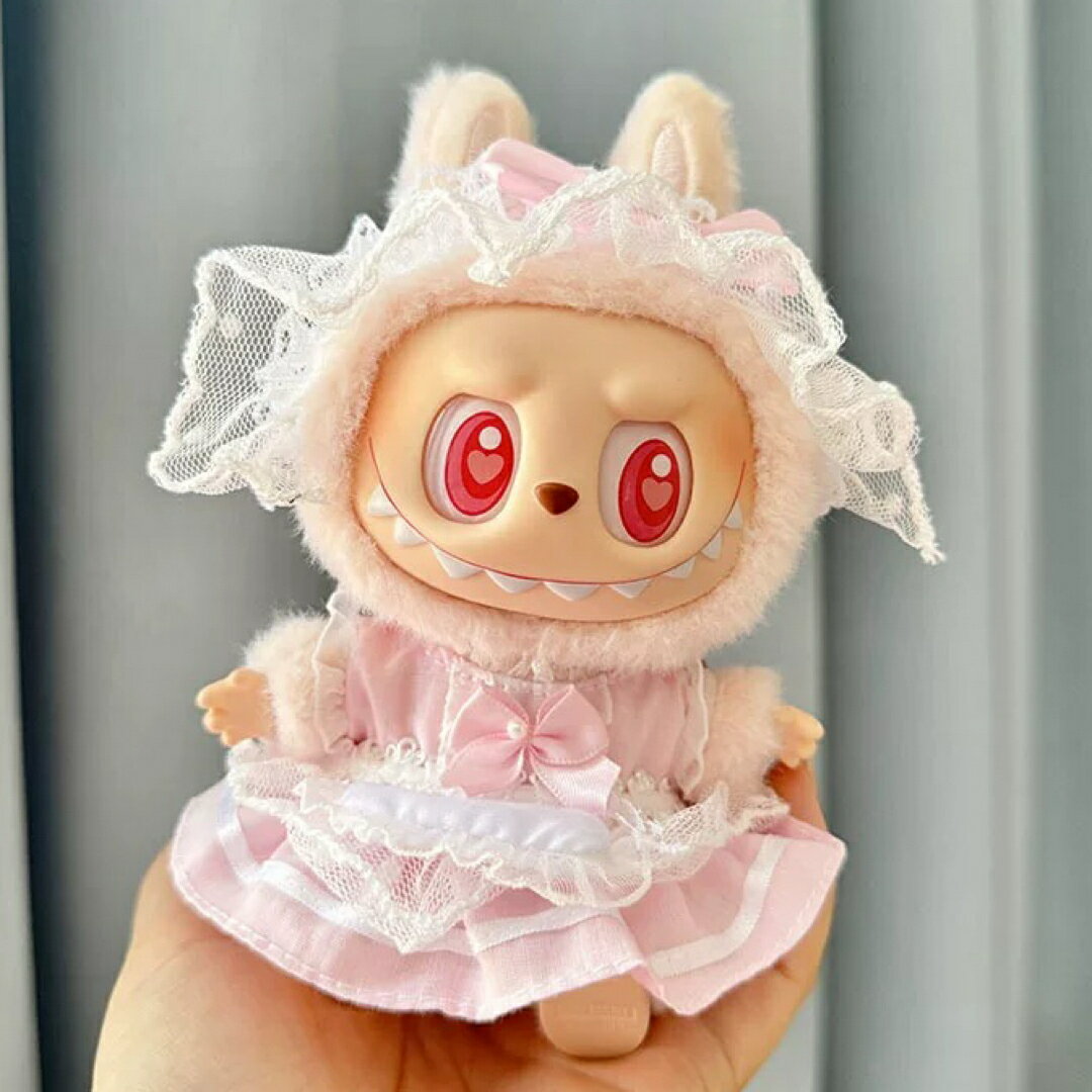 A066178Labubu ラブブ ぬいぐるみ服 メイド風 ピンクレースドレス リボン付き