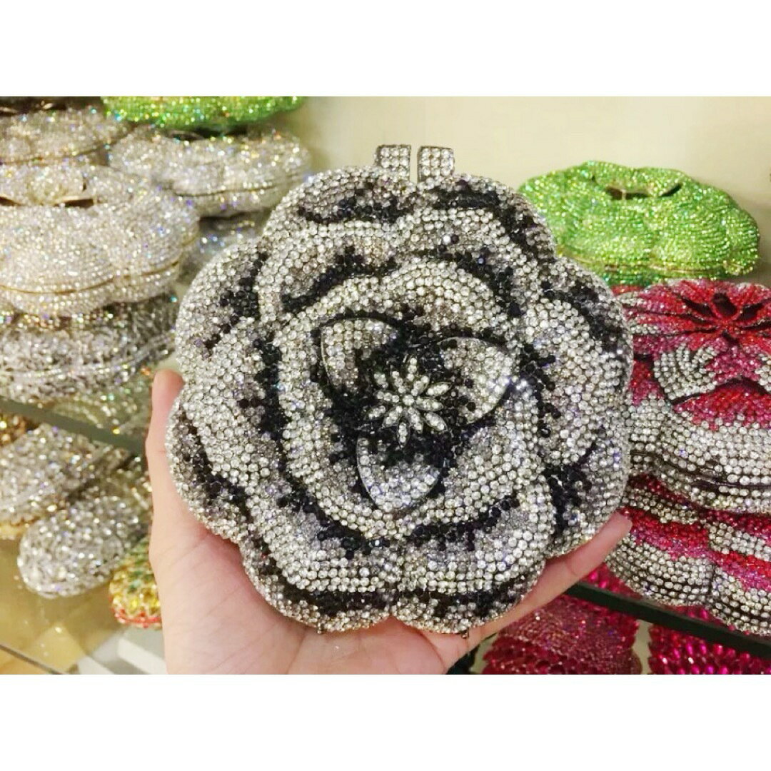 A066198高級感ジュエリー風ローズクラッチバッグラインストーン結婚式パーティーバッグ