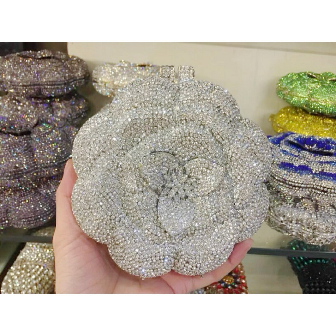 A066210高級感ジュエリー風ローズクラッチバッグラインストーン結婚式パーティーバッグ