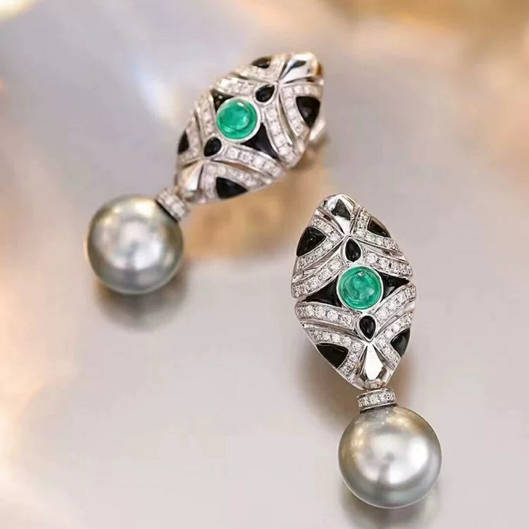 A066227高級感ジュエリーエメラルド ールピアス パール耳飾り結婚式アクセサリー