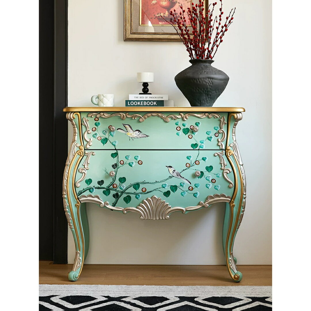 A066261高級感アンティーク調 花柄チェスト コンソール キャビネット 引き出し収納 家具