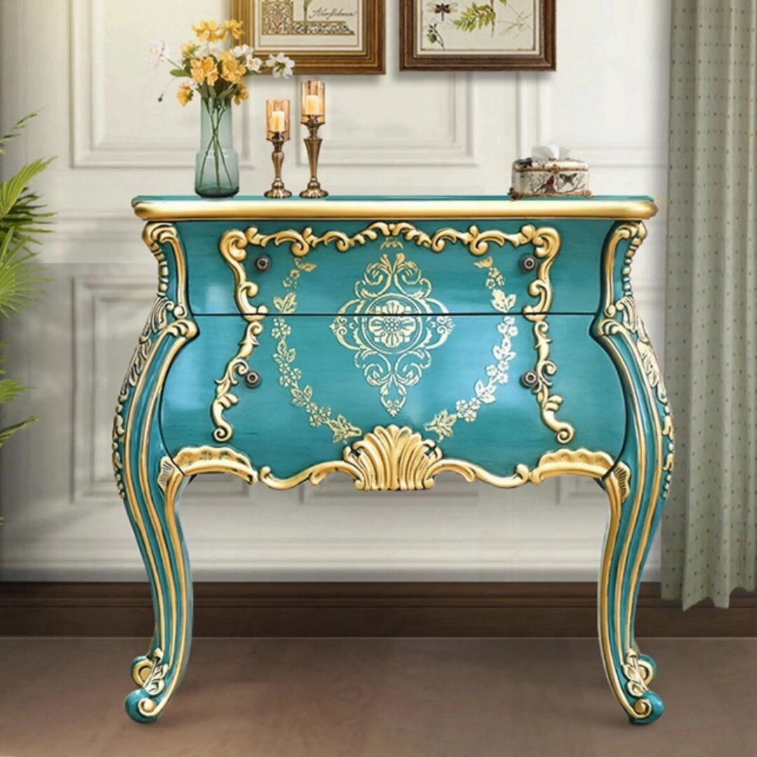 A066262アンティーク調ハンドペイントローズ柄キャビネットコンソール サイドボード収納家具