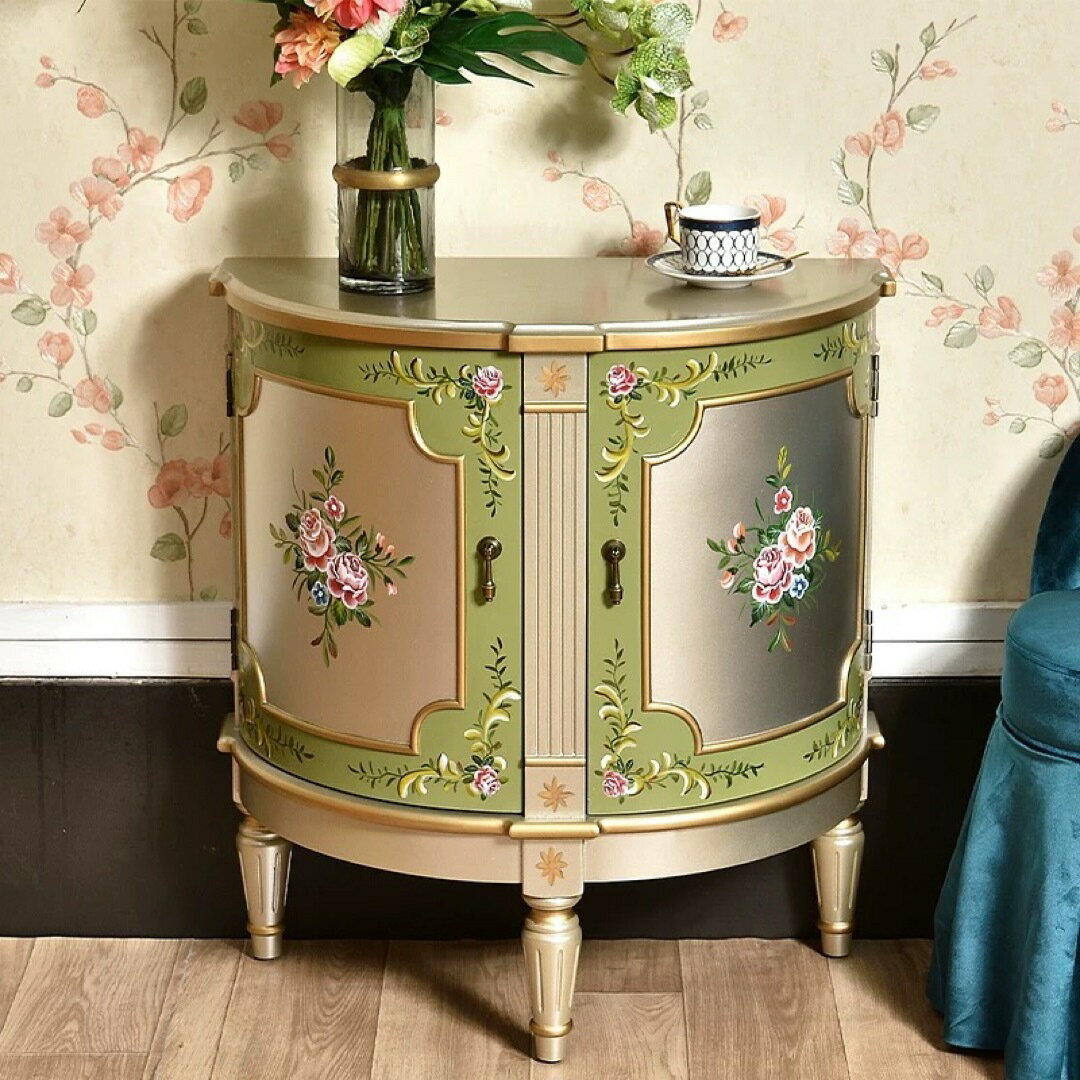 A066263アンティーク調ハンドペイントローズ柄キャビネットコンソール サイドボード収納家具