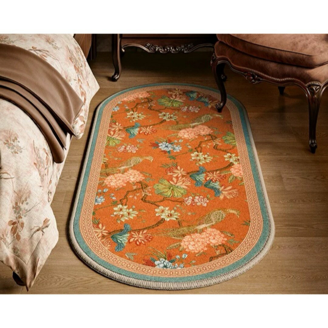 A066373和風花鳥柄マット楕円形 カーペット ラグ 高級感 花柄 鳥柄 北欧風玄関マット