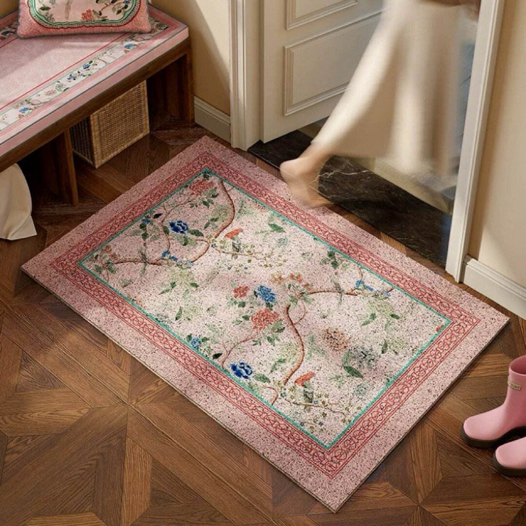 A066382上品な花鳥花柄 和風ラグマット泥落とし 洗える 玄関マット屋外 屋内 カーペット