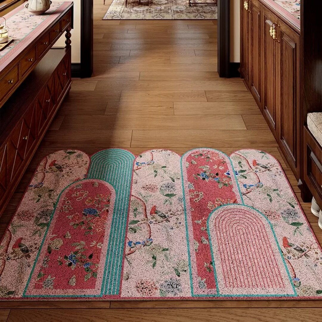 A066384花鳥モチーフ 和風ラグマット 泥落とし 洗える 玄関マット屋外 屋内 カーペット