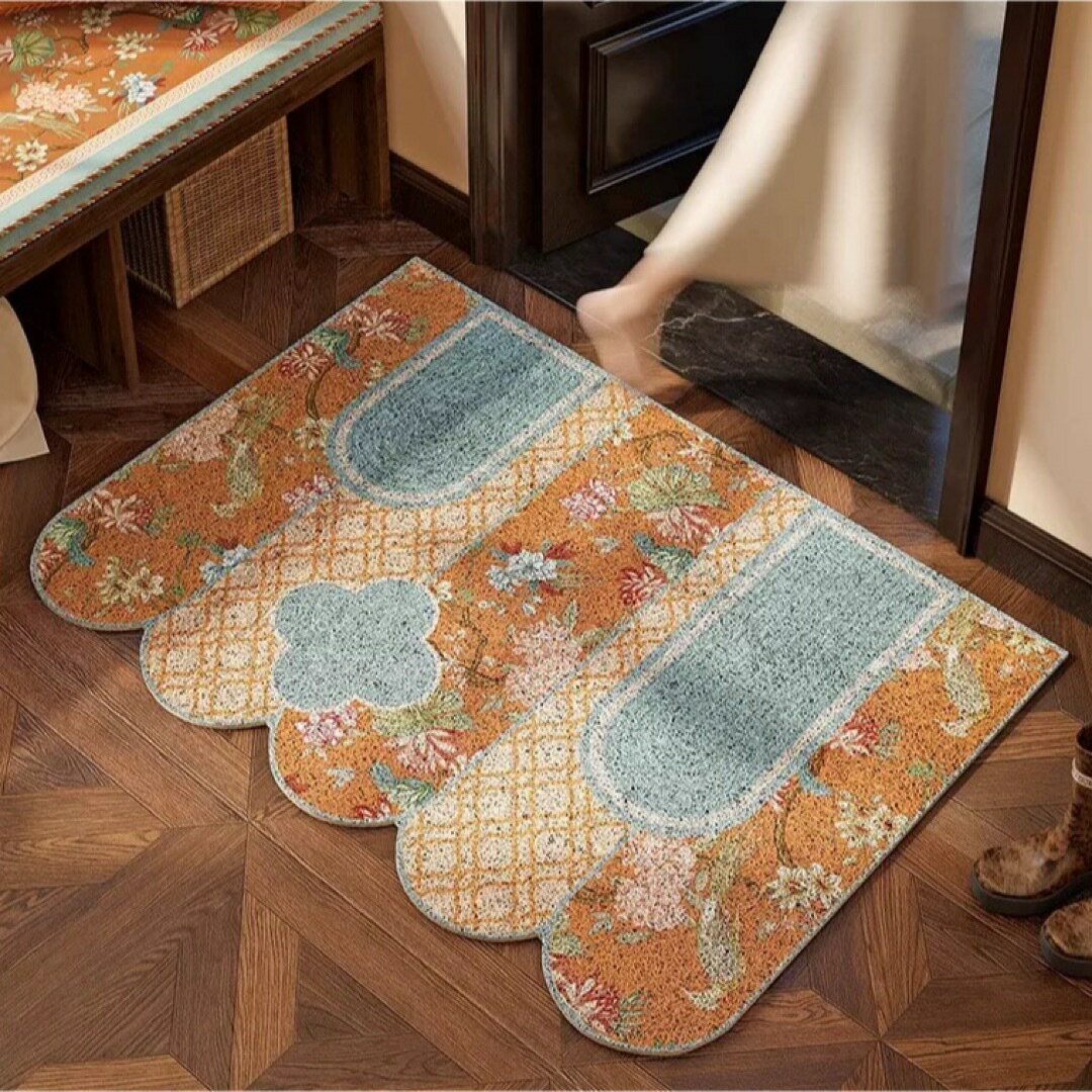 A066385和モダン花柄 和風ラグマット 泥落とし 洗える 玄関マット屋外 屋内 カーペット