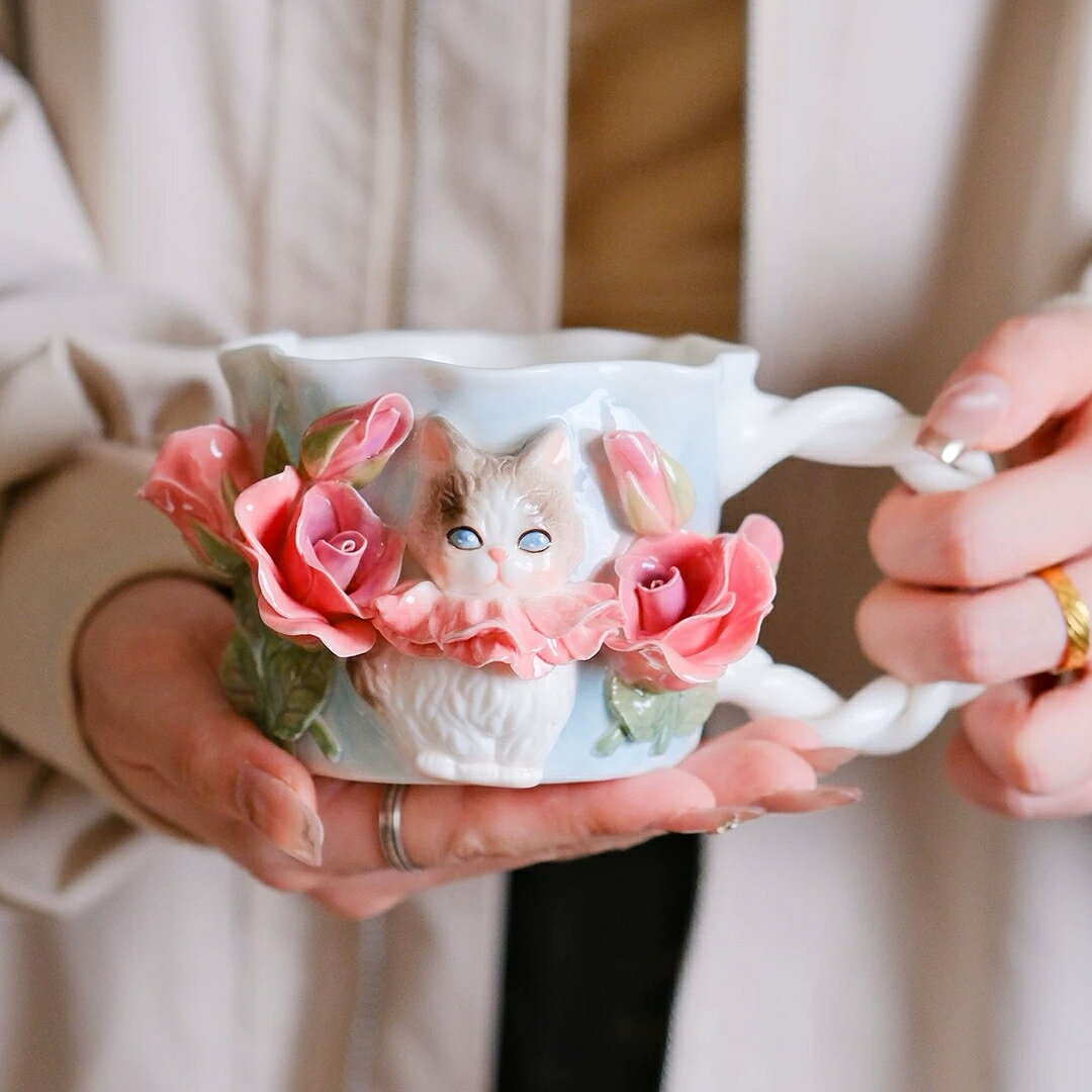 A066464猫 マグカップ 薔薇 花 陶器 食器コーヒーカップ ティーカップ かわいい