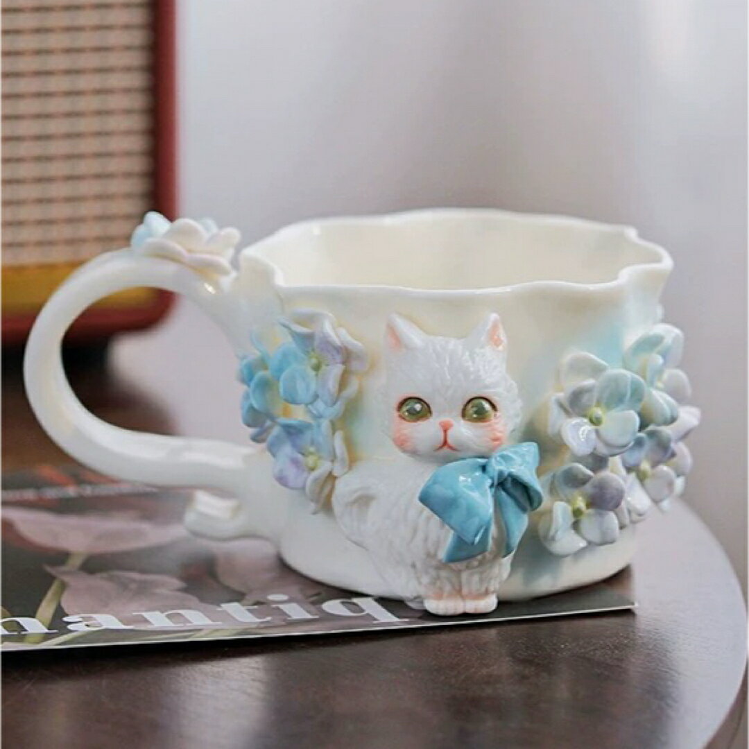 A066465猫 マグカップ ピンク ブルー 花 陶器コーヒーカップ ティーカップ かわいい