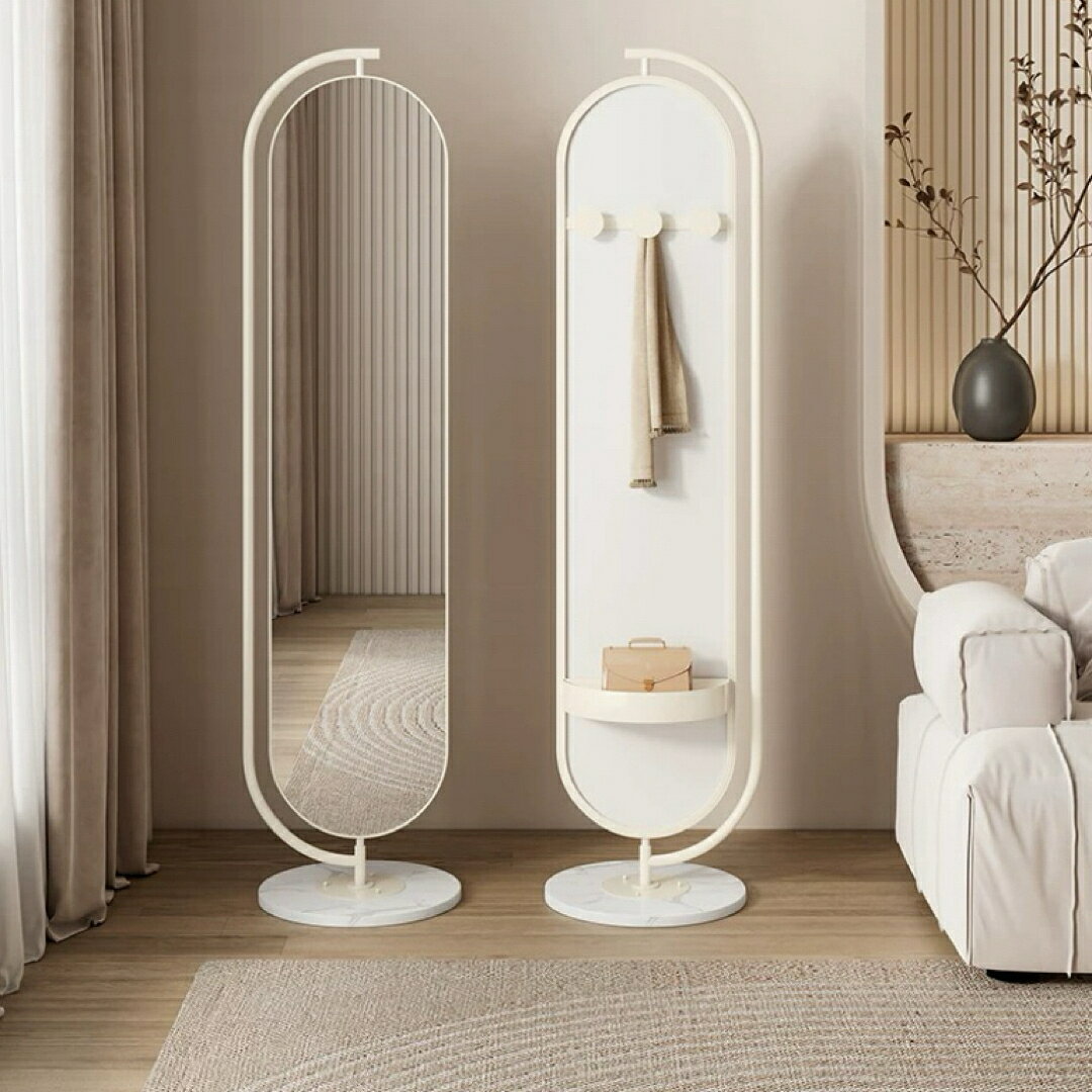 A066515全身鏡スタンドミラー ハンガーラック収納付き ホワイト 大理石ベース 北欧風