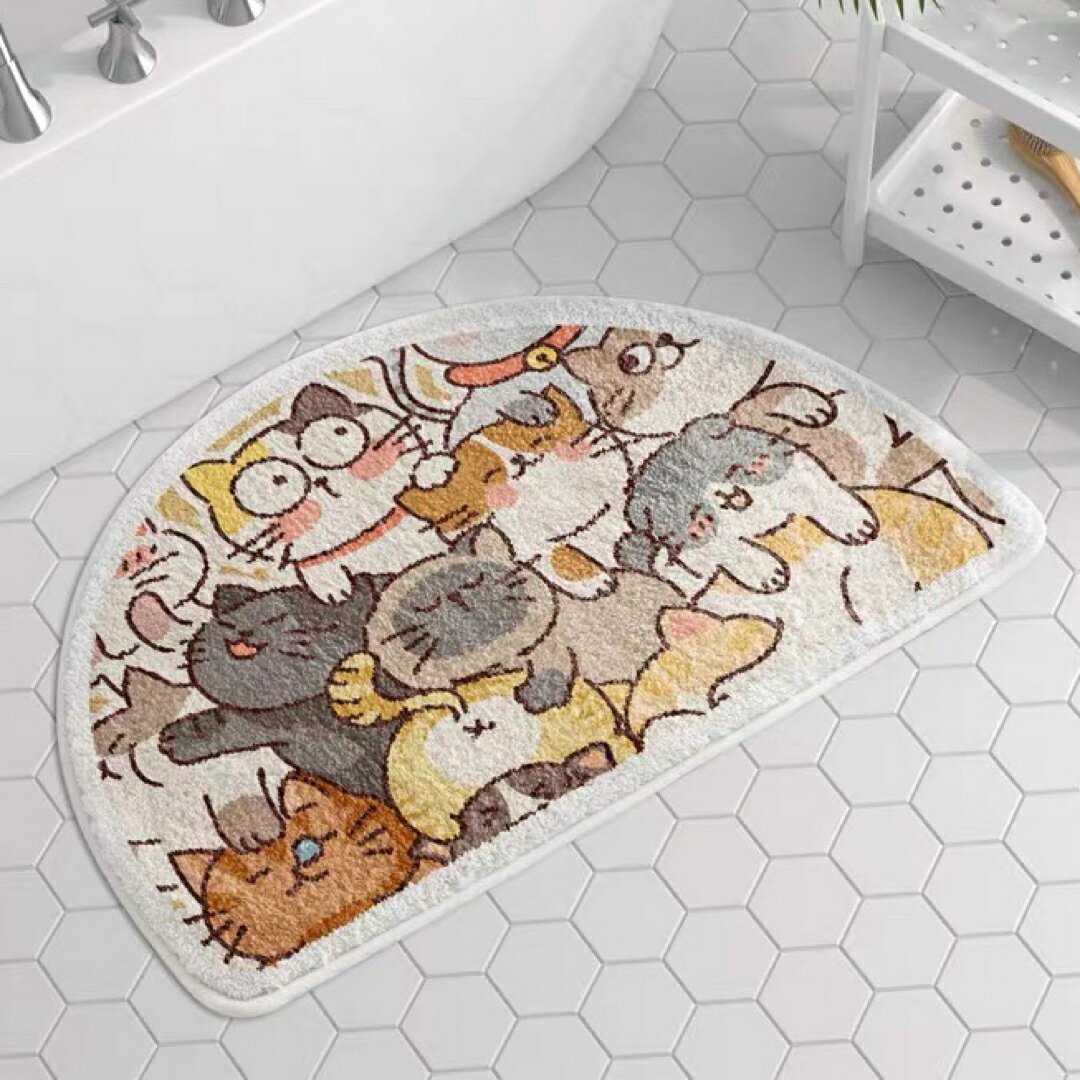 A066519猫柄 バスマット半円形 吸水 滑り止め丸洗い可能 洗面所 玄関マット　インテリア
