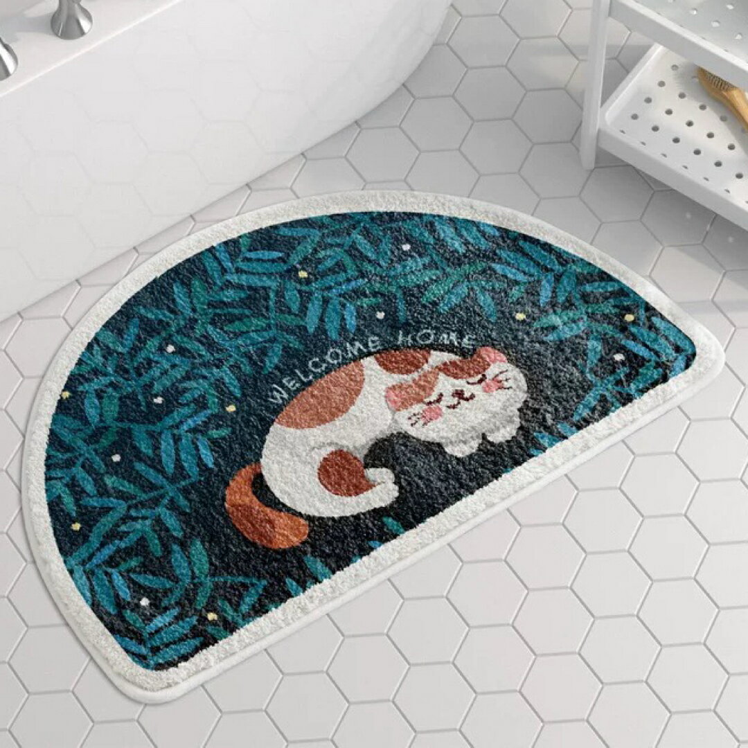 A066521猫柄 バスマット半円形 吸水 滑り止め丸洗い可能 洗面所 玄関マット　インテリア
