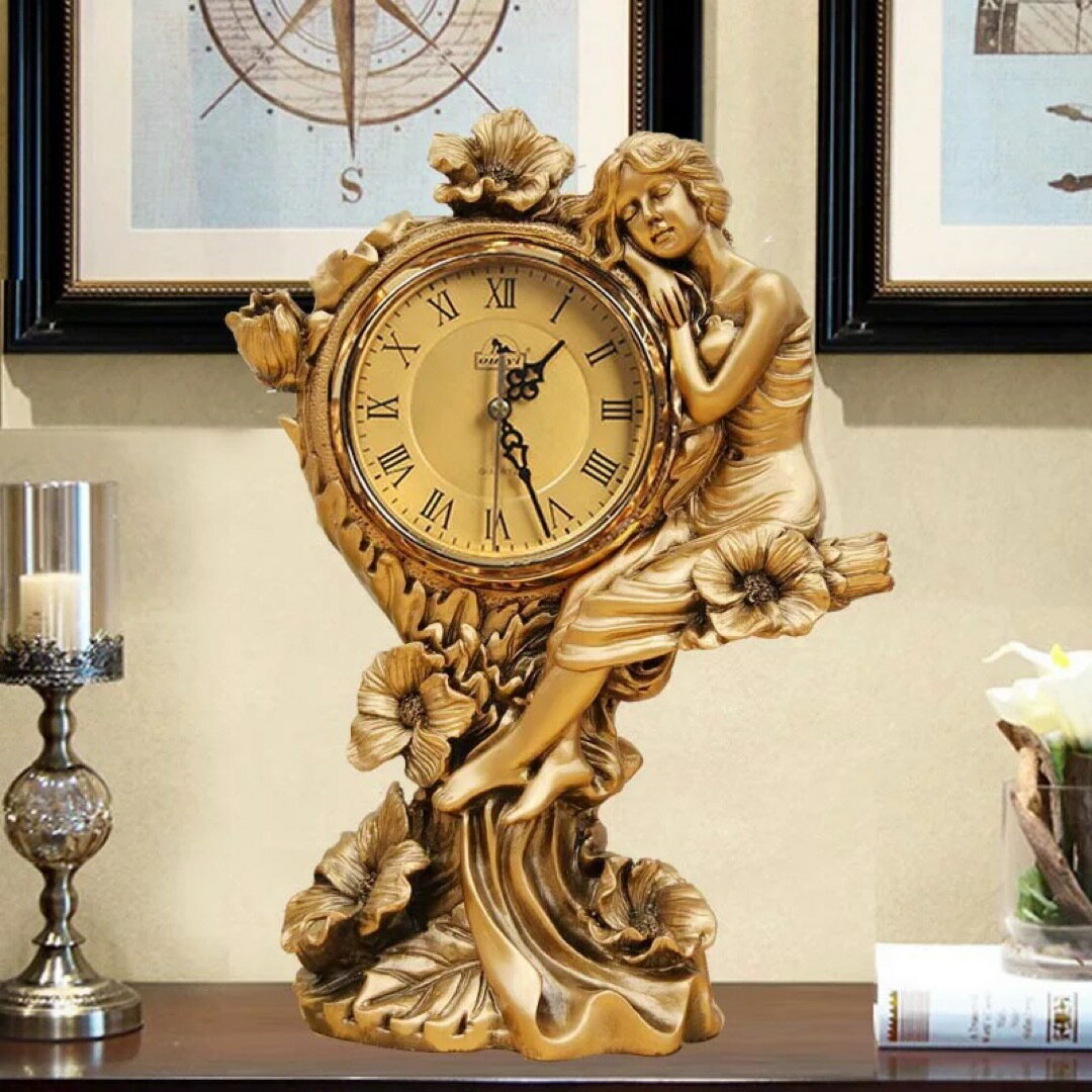 A066547高級置時計 エレガント 花と女性像 レトロ調 インテリア おしゃれ 静音 置物