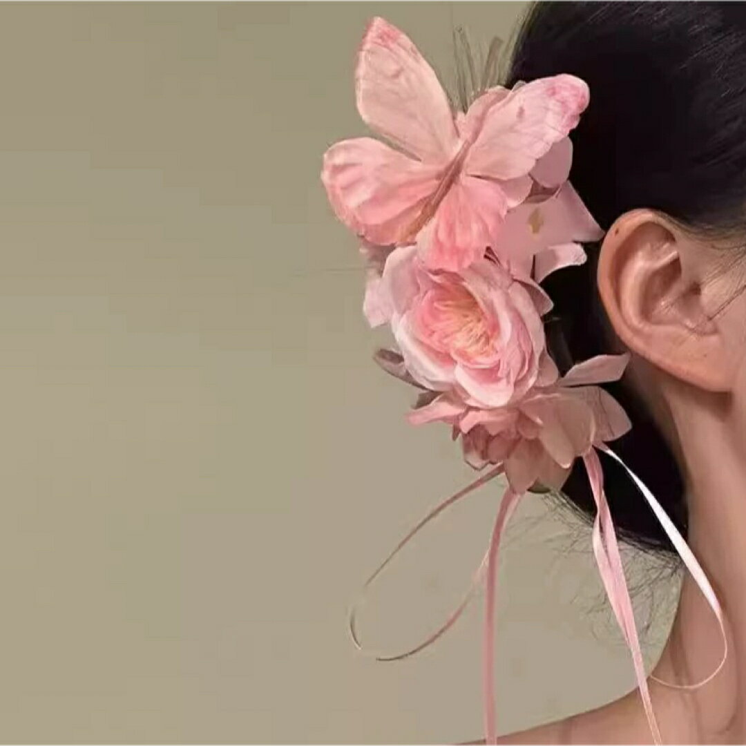 A066742蝶とピンク花髪飾り リボン付きフラワーヘアクリップ 結婚式 成人式 卒業式