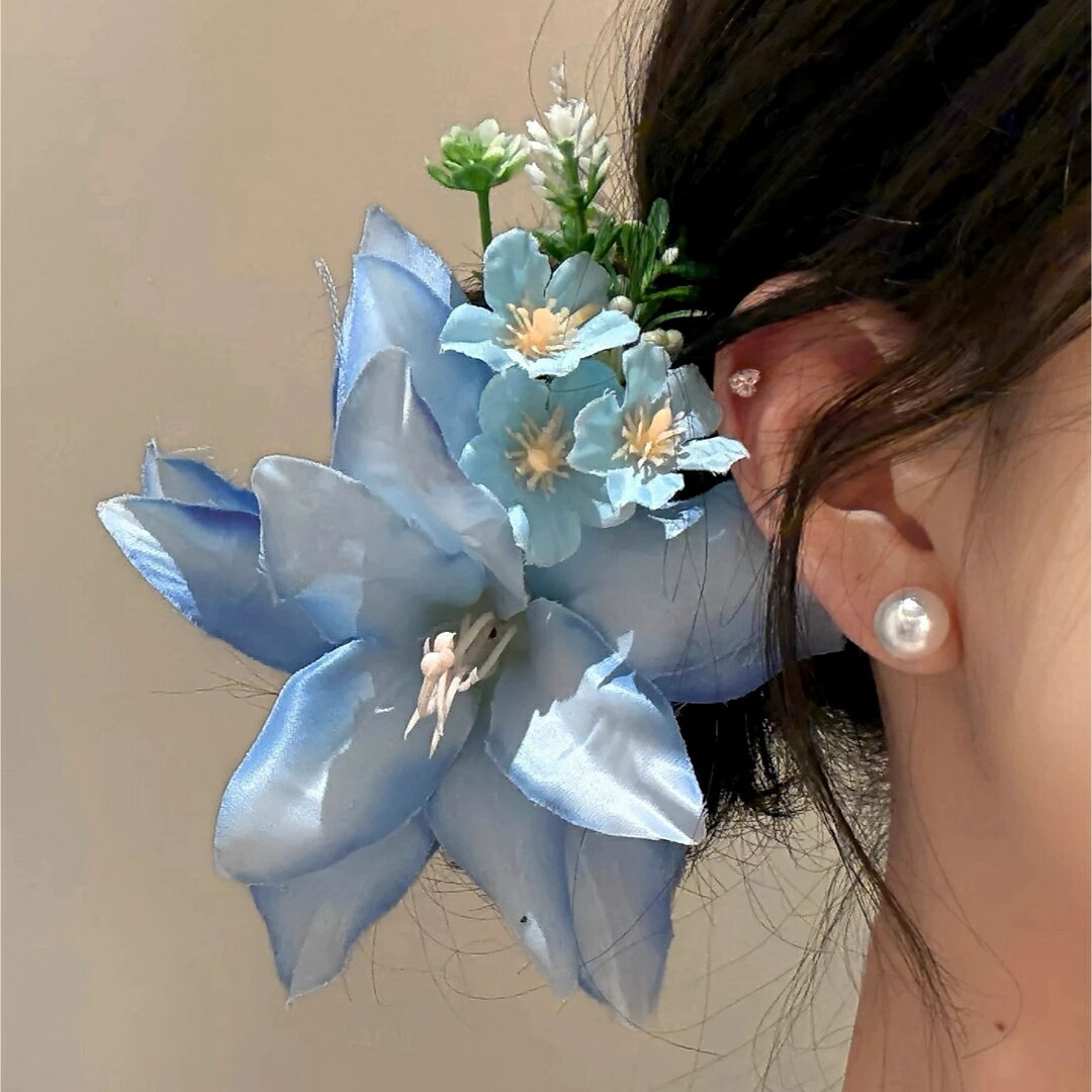 A066750ライトブルー 花 ヘアクリップ 髪飾り韓国風 上品 おしゃれ 結婚式 パーティー