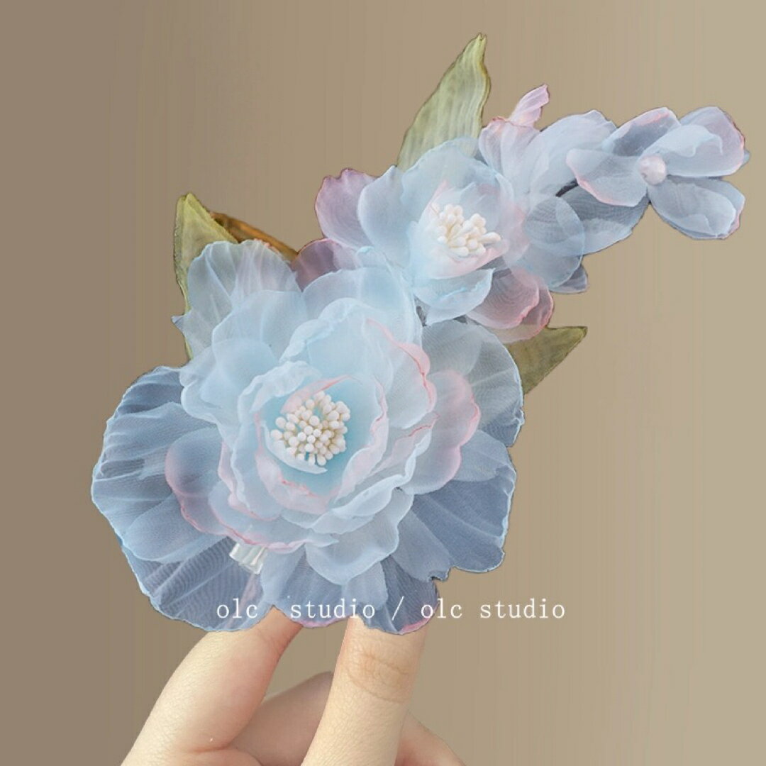 A066756花モチーフ ヘアクリップ髪飾り ブルー韓国風 上品 おしゃれ 結婚式 パーティー