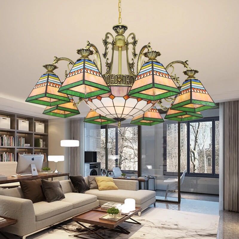 A029812ステンドグラス ペンダントライト豪華天井照明ステンドグラスランプ ガラス工芸品．11灯 電源直..