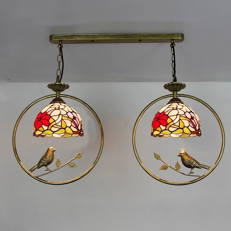 A029855ステンドグラス．ペンダントライト豪華天井照明ステンドグラスランプ ガラス工芸品 2灯 電源直..