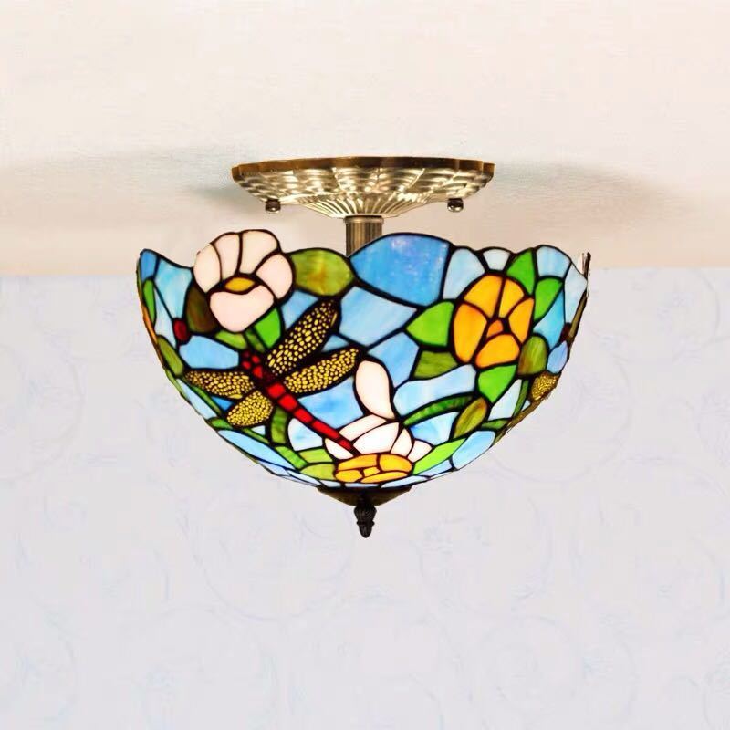 A008258ステンドグラス．ペンダントライト豪華天井照明ステンドグラスランプ ガラス工芸品 電源直結タ..