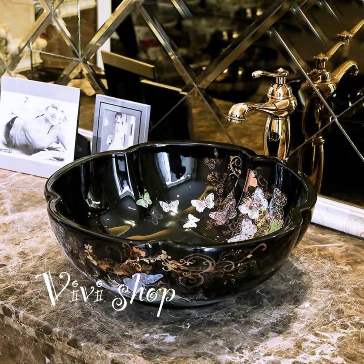 豪華洗面ボウルセット陶器洗面台 トイレ 手水鉢 手洗器 手洗い鉢 洗面器　蛇口 排水金具付き