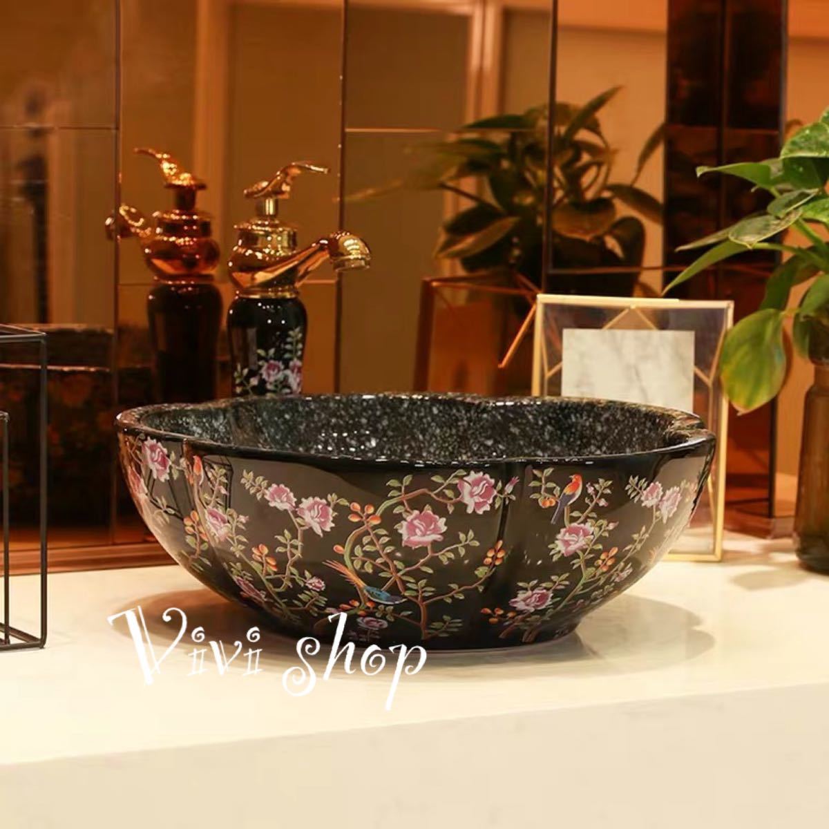 豪華洗面ボウルセット陶器洗面台 トイレ 手水鉢 手洗器 手洗い鉢 洗面器．蛇口 排水金具付き