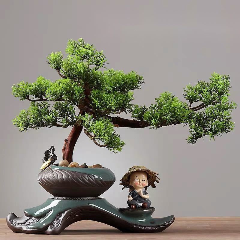 A054683インテリアグリーン 高級模造迎客松盆栽 置物 禅意迎客松盆栽装飾品 花芸術 ．人工観葉植物
