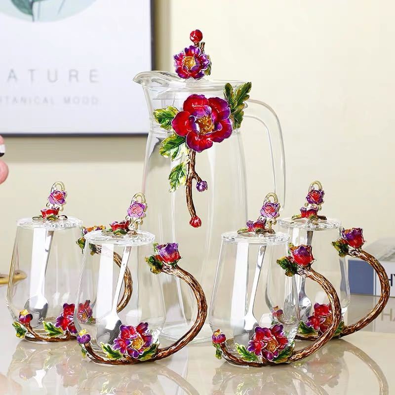 ガラス製ティー・コーヒーカップセット ~カップ4客セット 花柄 上品琺瑯彩カップ　蓋付き