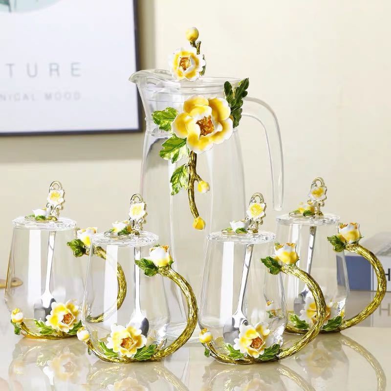 A048335ガラス製ティー・コーヒーカップセット ~カップ4客セット 花柄 上品琺瑯彩カップ　蓋付き