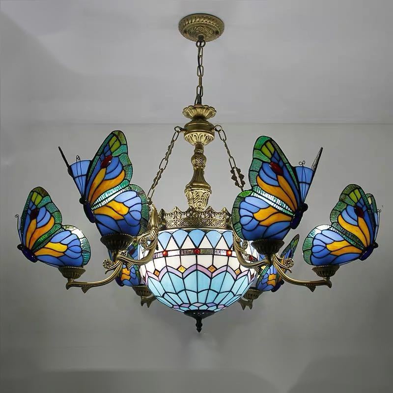A023196チョウチョウ ステンドグラス　ペンダントライト豪華天井照明ステンドグラスランプ ガラス工芸..