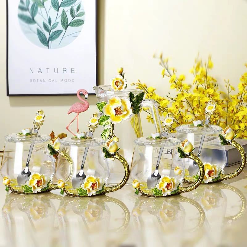 A028414ガラス製ティー・コーヒーカップセット カップ4客セット 花柄 上品琺瑯彩カップ　蓋付き