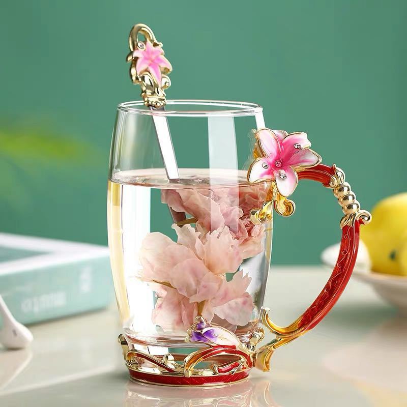 A047092ガラス製ティー・コーヒーカップセット ~カップ2点セット 花柄 上品琺瑯彩カップ