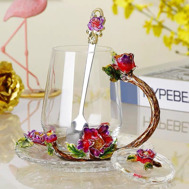 A003584ガラス製ティー・コーヒーカップセットカップ＆ソーサー1客 花柄 上品琺瑯質彩カップ4点セット