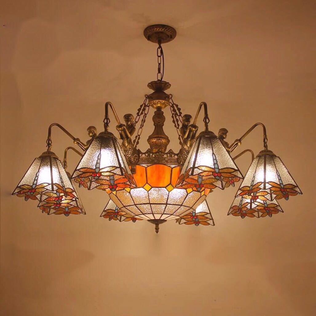 A013399ステンドグラス．ペンダントライト豪華天井照明ステンドグラスランプ ガラス工芸品 電源直結タ..