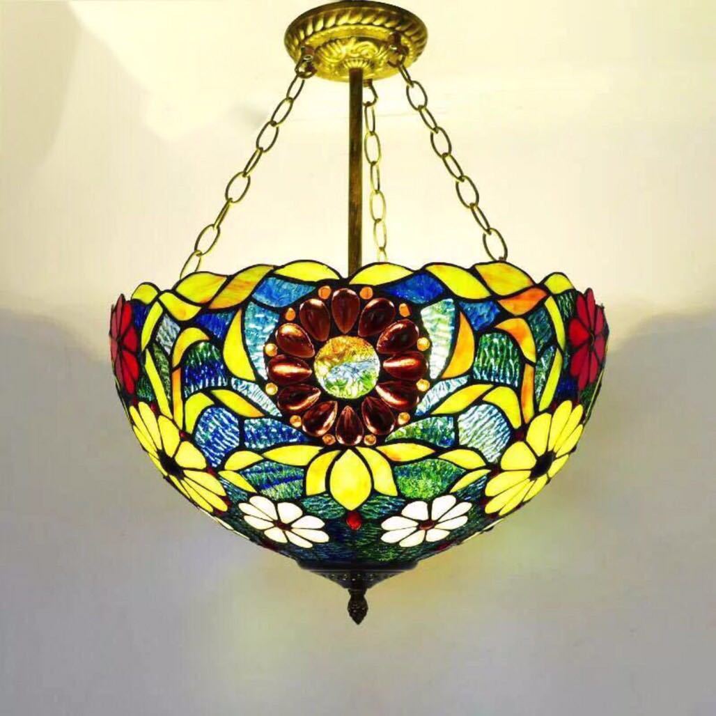 A021451ステンドグラス．ペンダントライト豪華天井照明ステンドグラスランプ ガラス工芸品 電源直結タ..